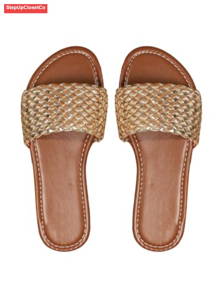 Metallic Braided Sandals Sparkly Open Toe Slip On Boho Dressy Slides